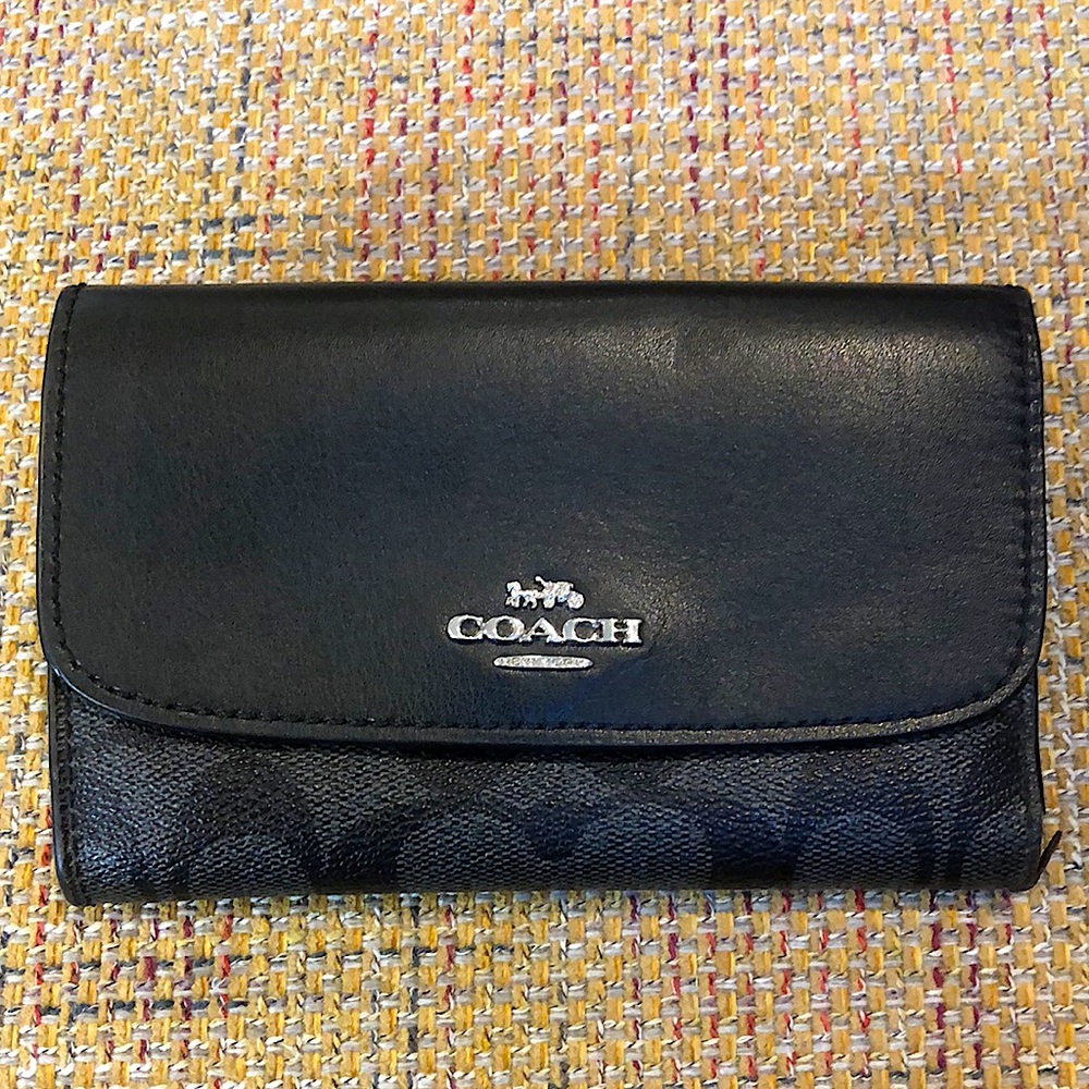 COACH Black Calfskin & Black Grey Signature Logo Trifold Wallet